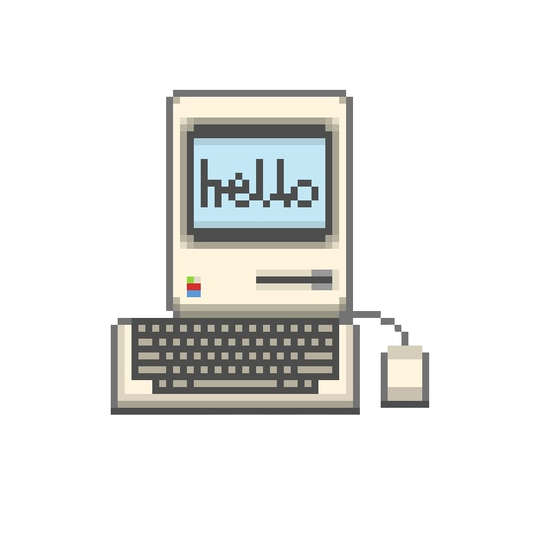 Pixel-art Macintosh saying hello